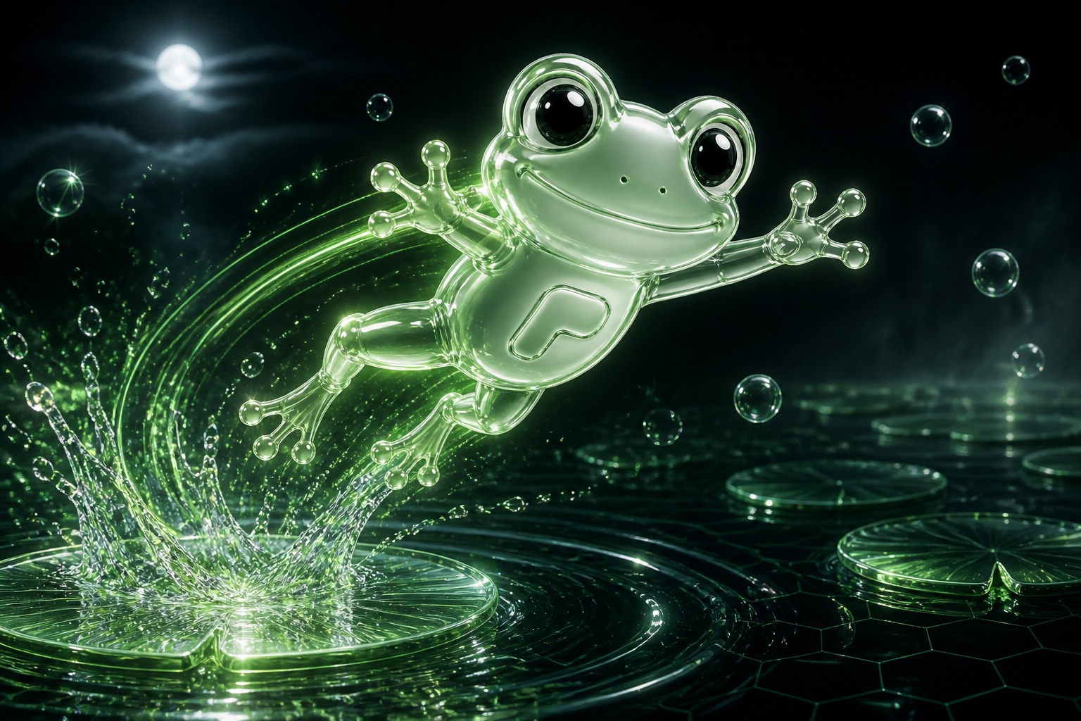 Ponsi leaping from a glowing glass lily pad across a moonlit night pond